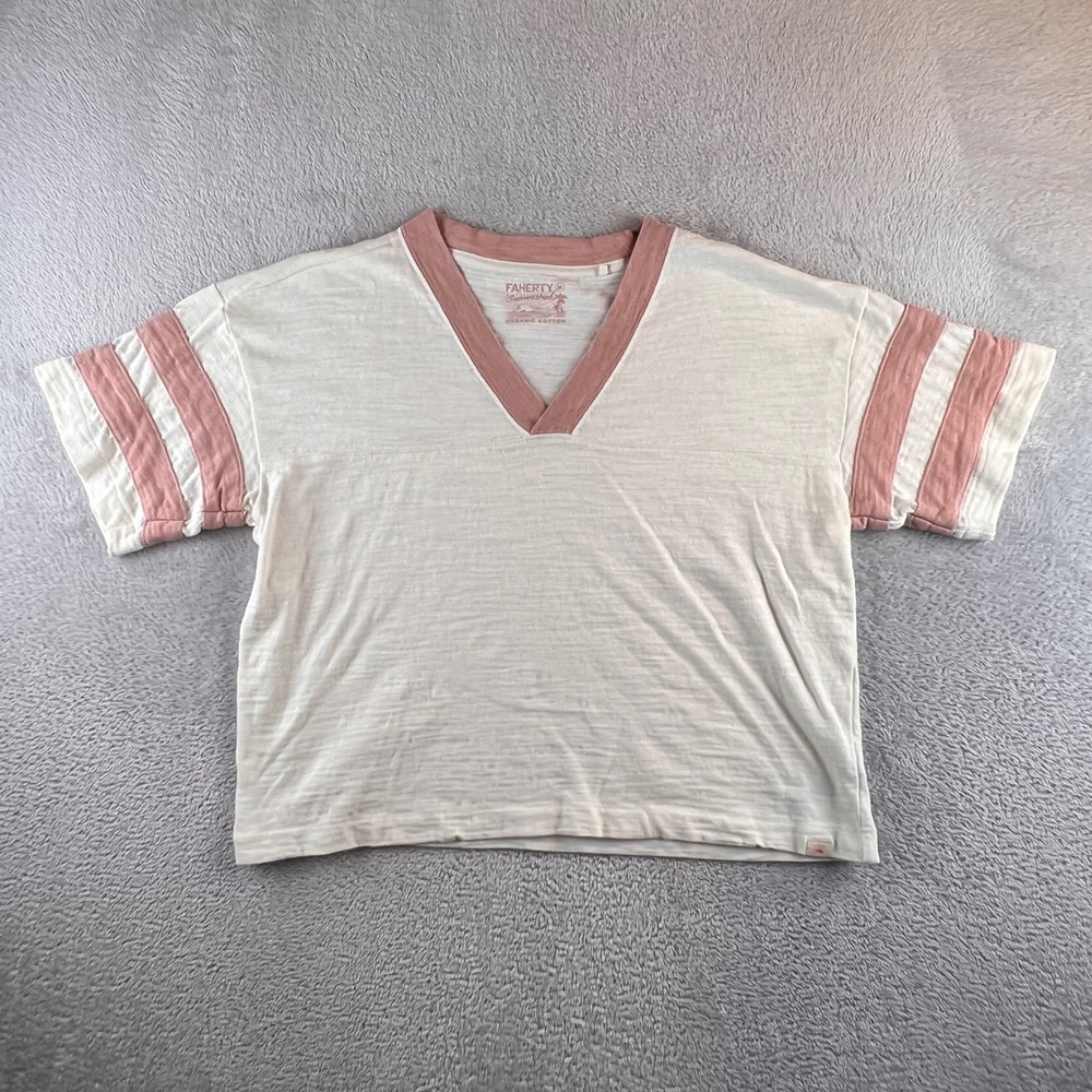 Faherty Sunwashed Organic Cotton V-Neck Stripe Sleeve Tee Cream Pink Medium